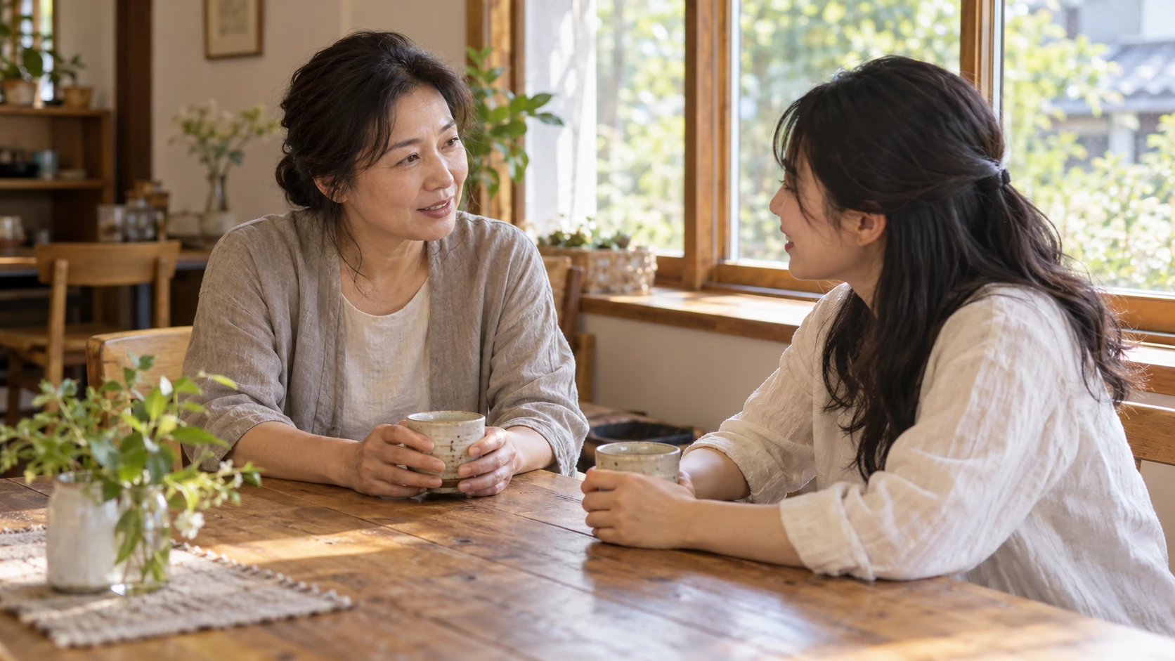 お茶を飲みながら温かく語り合う二人の女性のイメージ画像